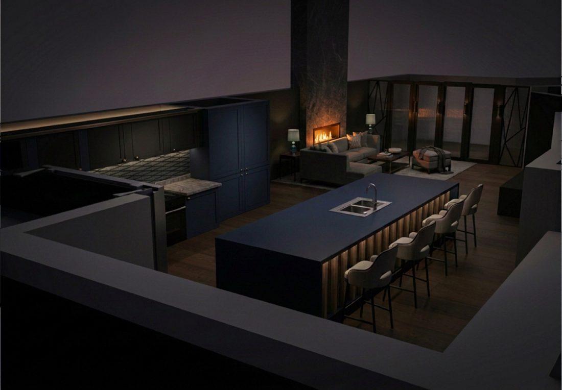 3D kitchen render, overhead angle