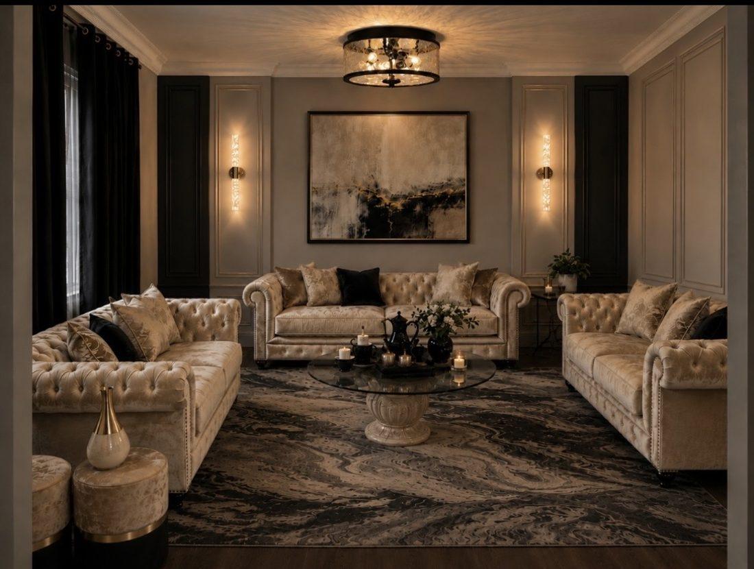 A living room with champagne velvet chesterfield sofas, dark accent wall panels, and brass sconce lighting