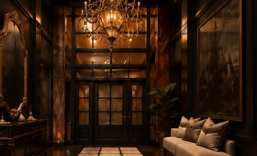 A candlelit entry hall with a crystal chandelier, dark paneled doors, and a champagne bench